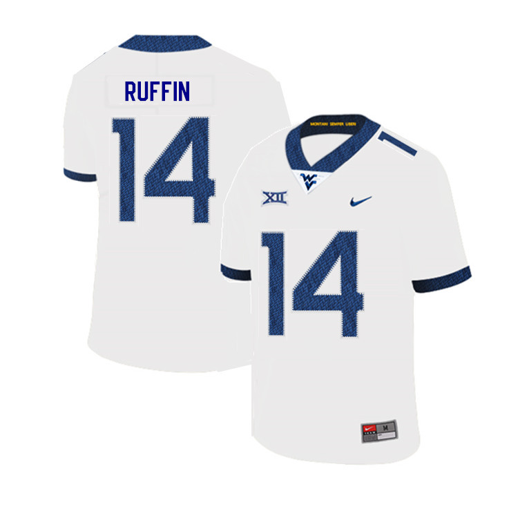 2019 Men #14 Malachi Ruffin West Virginia Mountaineers College Football Jerseys Sale-White - Click Image to Close
